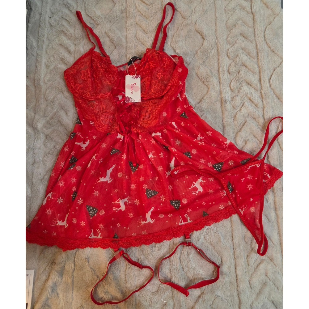 Girece‎ Christmas Red Mesh Babydoll Lingerie Set Lace Reindeer Print Large NWT